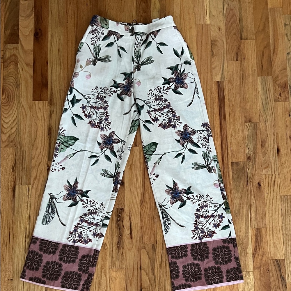 Zara Linen Floral Print Pants - Cream and Purple